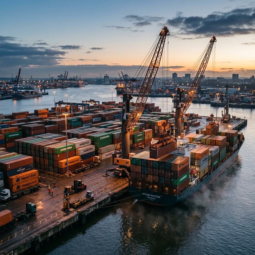 International cargo shipping port and freight containers